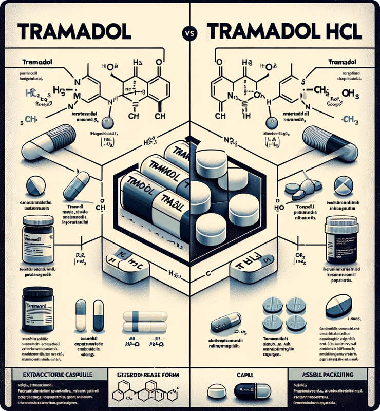 Educational illustration showing the differences between Tramadol and Tramadol HCL. On the left, you'll find Tramadol with its chemical structure, typical pill form, and possible packaging. On the right, Tramadol HCL is depicted, emphasizing its distinct chemical structure with an additional hydrochloride group, various pill forms like extended-release capsules, and alternative packaging styles.